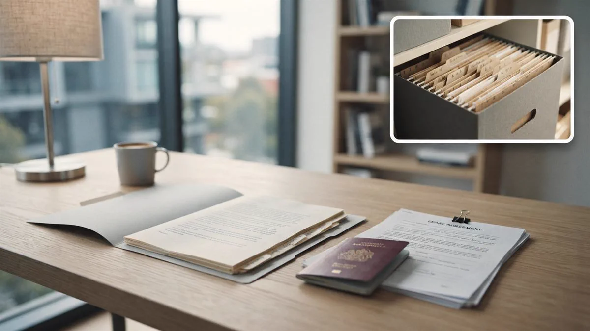 A folder of documents with tabs, a lease and a passport laid out on a desk
